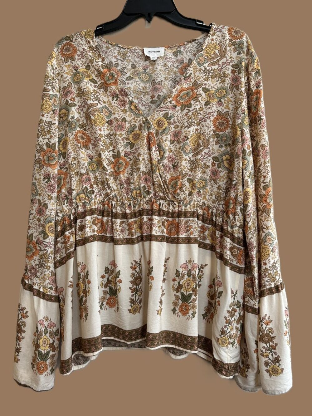 Heyson Long Sleeved Peasant Blouse Size 2XL Multi-Colored Floral V-neck BOHO